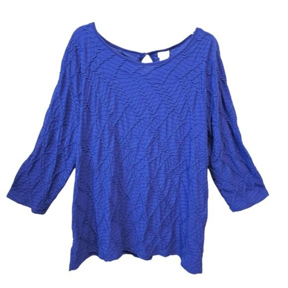 Chico's 3 Women's Top Blouse Size Large Blue Crinkled 3/4 Sleeves Stretchy - Picture 2 of 16